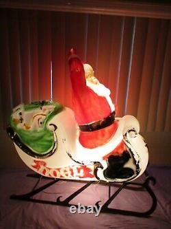 Vtg HUGE Santa's Sleigh & Reindeer with Antlers Lighted Christmas Blow Mold Decor