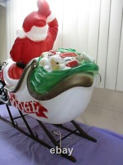 Vtg HUGE Santa's Sleigh & Reindeer with Antlers Lighted Christmas Blow Mold Decor