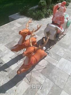 Vtg HUGE Santa's Sleigh & Two Reindeer with Antlers Lighted Christmas Blow Mold