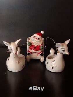 Vtg Holt Howard Santa on sleigh with reindeer candle holders MCM Christmas Japan