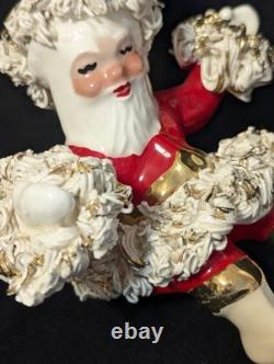 Vtg Johanna Calif Sitting Santa Spaghetti Trim 22k Gold withSleigh & Reindeer RARE
