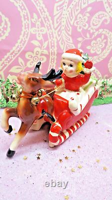 Vtg KREISS Christmas WAVING SANTA GIRL Candy Cane Sleigh Jingle Bell Reindeer