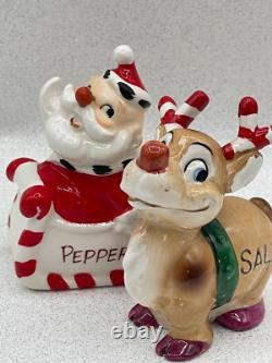 Vtg Kreiss Santa in Sleigh Rudolph Reindeer Salt Pepper Shaker Figurines