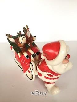 Vtg Kreiss Xmas figurine Santa pulling reindeer asleep drunk in sleigh Japan