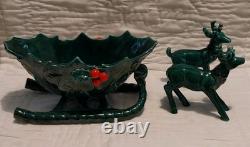 Vtg Lefton Holly Berry Ceramic Figurine Dish Green Sleigh Reindeer Christmas 70s