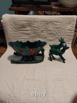 Vtg Lefton Holly Berry Ceramic Figurine Dish Green Sleigh Reindeer Christmas 70s