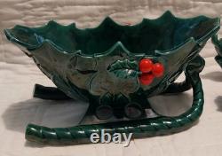 Vtg Lefton Holly Berry Ceramic Figurine Dish Green Sleigh Reindeer Christmas 70s