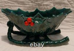 Vtg Lefton Holly Berry Ceramic Figurine Dish Green Sleigh Reindeer Christmas 70s