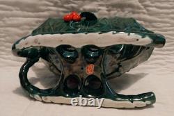 Vtg Lefton Holly Berry Ceramic Figurine Dish Green Sleigh Reindeer Christmas 70s
