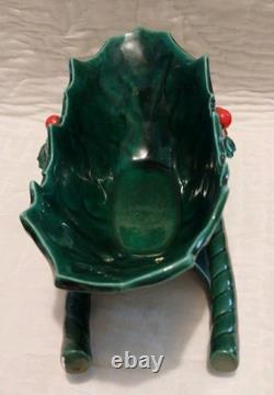 Vtg Lefton Holly Berry Ceramic Figurine Dish Green Sleigh Reindeer Christmas 70s