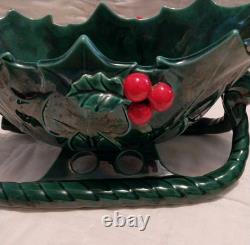 Vtg Lefton Holly Berry Ceramic Figurine Dish Green Sleigh Reindeer Christmas 70s