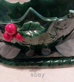 Vtg Lefton Holly Berry Ceramic Figurine Dish Green Sleigh Reindeer Christmas 70s