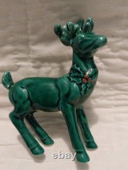 Vtg Lefton Holly Berry Ceramic Figurine Dish Green Sleigh Reindeer Christmas 70s