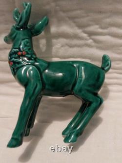 Vtg Lefton Holly Berry Ceramic Figurine Dish Green Sleigh Reindeer Christmas 70s