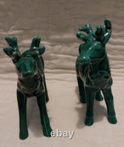Vtg Lefton Holly Berry Ceramic Figurine Dish Green Sleigh Reindeer Christmas 70s