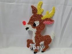Vtg Melted Plastic Popcorn Christmas Decoration Santa Sleigh 3 Reindeer Rudolph