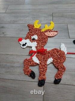Vtg Melted Plastic Popcorn Santa Sleigh 3 Reindeer Rudolph Original Box