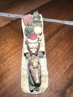 Vtg Mini Cast Iron Santa With Toy Sleigh Reindeer Vibrant Colors Hand Painted