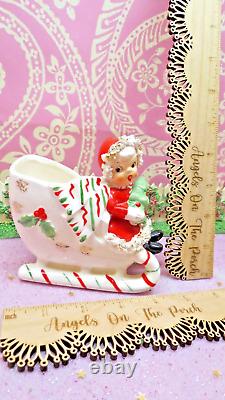 Vtg NAPCO 1956 Christmas SANTA Girl Holly Candy Cane Sleigh Holds TREE AX4042