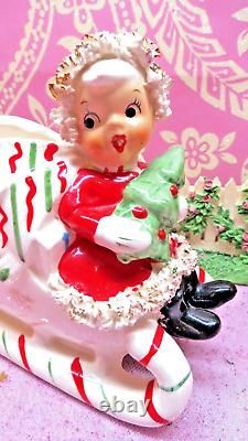 Vtg NAPCO 1956 Christmas SANTA Girl Holly Candy Cane Sleigh Holds TREE AX4042