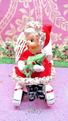 Vtg NAPCO 1956 Christmas SANTA Girl Holly Candy Cane Sleigh Holds TREE AX4042