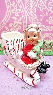 Vtg NAPCO 1956 Christmas SANTA Girl Holly Candy Cane Sleigh Holds TREE AX4042