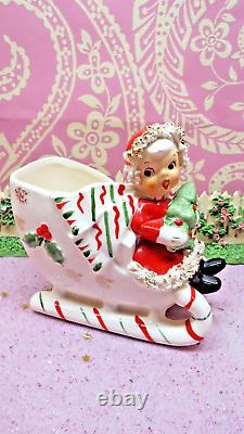 Vtg NAPCO 1956 Christmas SANTA Girl Holly Candy Cane Sleigh Holds TREE AX4042