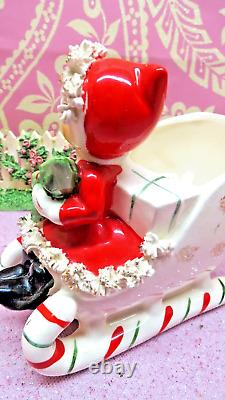 Vtg NAPCO 1956 Christmas SANTA Girl Holly Candy Cane Sleigh Holds TREE AX4042