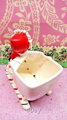 Vtg NAPCO 1956 Christmas SANTA Girl Holly Candy Cane Sleigh Holds TREE AX4042