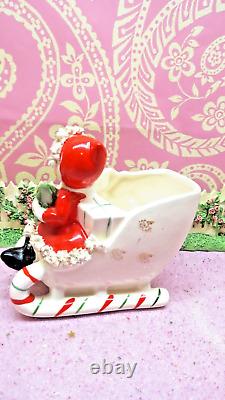 Vtg NAPCO 1956 Christmas SANTA Girl Holly Candy Cane Sleigh Holds TREE AX4042