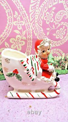 Vtg NAPCO 1956 Christmas SANTA Girl Holly Candy Cane Sleigh Holds TREE AX4042