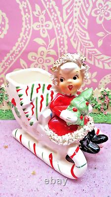 Vtg NAPCO 1956 Christmas SANTA Girl Holly Candy Cane Sleigh Holds TREE AX4042