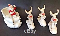 Vtg Napco Ceramic Santa Sleigh Planter 3 Reindeer Deer Xmas Spaghetti Trim S1696