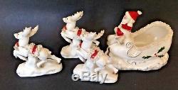 Vtg Napco Ceramic Santa Sleigh Planter 3 Reindeer Deer Xmas Spaghetti Trim S1696