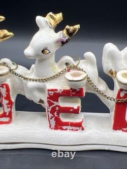Vtg RELCO Japan NOEL Santa Sleigh Reindeer Christmas Ceramic Candle Holders 10.5
