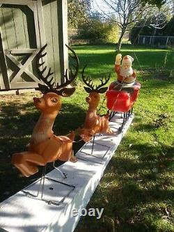 Vtg. Rare Poloron Santa Sleigh & 2 Reindeer Lighted Blow Mold Christmas Décor