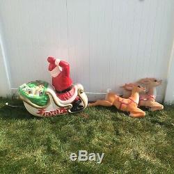 Vtg Santa Sleigh & Reindeer Blow Mold lighted