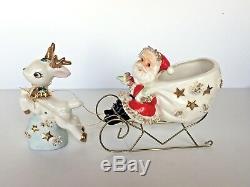 Vtg Santa planter in wire sleigh with reindeer Christmas figurines Thames Japan