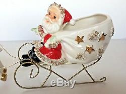 Vtg Santa planter in wire sleigh with reindeer Christmas figurines Thames Japan