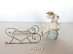 Vtg Santa planter in wire sleigh with reindeer Christmas figurines Thames Japan