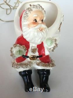 Vtg Santa planter in wire sleigh with reindeer Christmas figurines Thames Japan