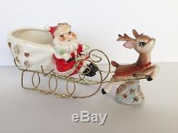 Vtg Thames Santa candy dish planter withreindeer and metal sleigh Christmas Japan