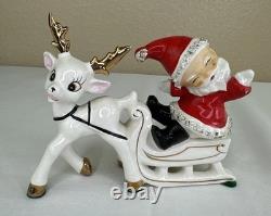 Vtg UCAGCO Waving Pixie Santa Reindeer Sleigh Gold Spaghetti Trim Label