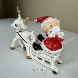 Vtg UCAGCO Waving Pixie Santa Reindeer Sleigh Gold Spaghetti Trim Label