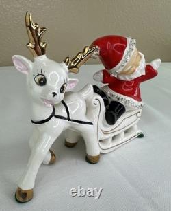 Vtg UCAGCO Waving Pixie Santa Reindeer Sleigh Gold Spaghetti Trim Label