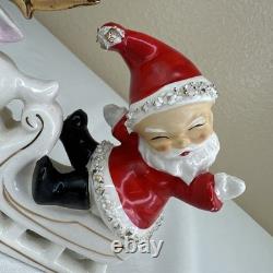 Vtg UCAGCO Waving Pixie Santa Reindeer Sleigh Gold Spaghetti Trim Label