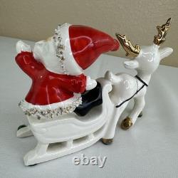 Vtg UCAGCO Waving Pixie Santa Reindeer Sleigh Gold Spaghetti Trim Label