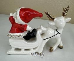 Vtg UCAGCO Waving Pixie Santa Reindeer Sleigh Gold Spaghetti Trim Label