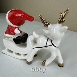 Vtg UCAGCO Waving Pixie Santa Reindeer Sleigh Gold Spaghetti Trim Label
