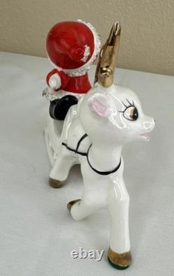 Vtg UCAGCO Waving Pixie Santa Reindeer Sleigh Gold Spaghetti Trim Label